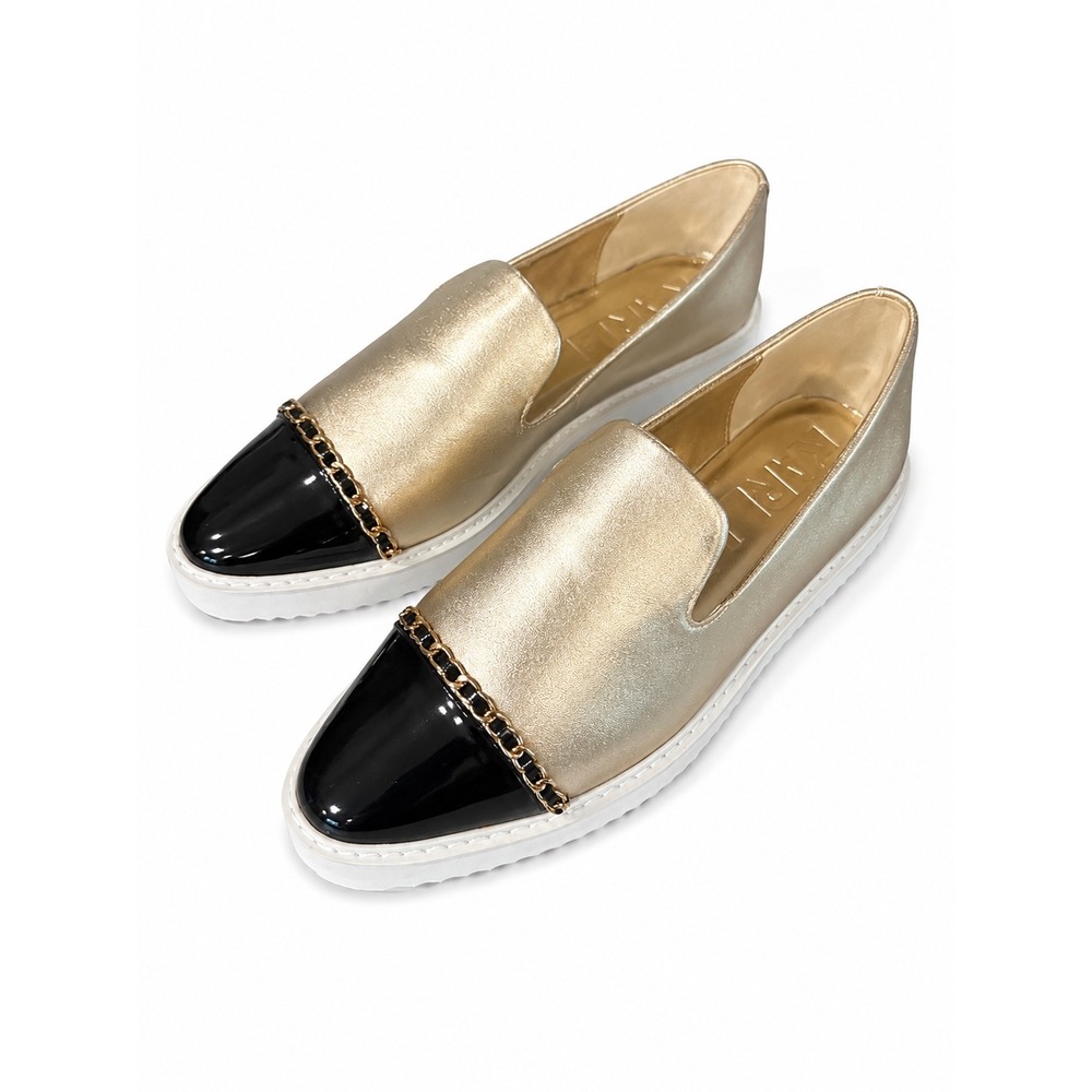 Karl Lagerfeld Paris Caralee Gold Metallic Black Patent Cap Toe Loafers Size 6M